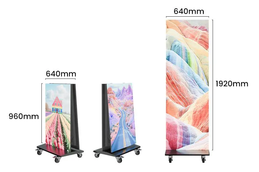 P1.86, P2, P2.5 Indoor Foldable Poster Screen Seamless Splicing Flooring Standing  4G WiFi USB Movable 640*1920mm