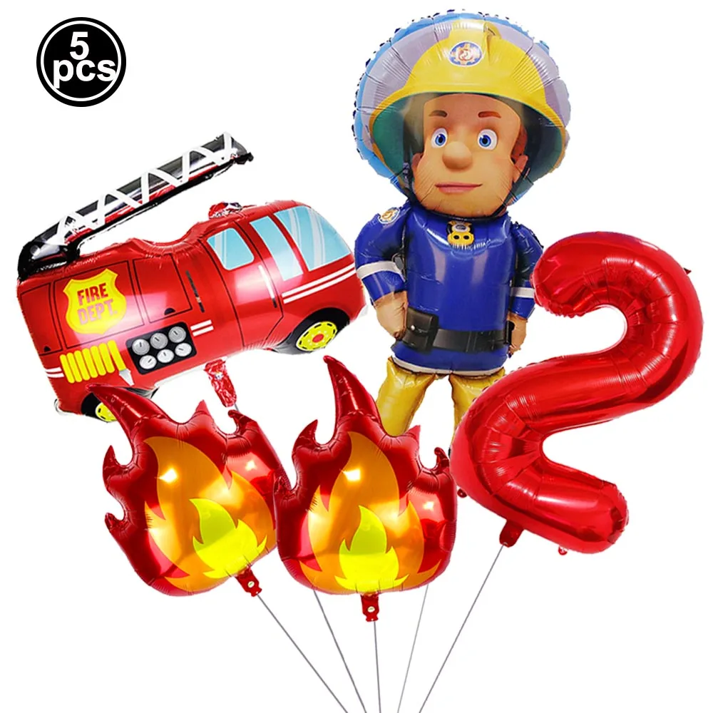 5pcs Fire Balloon Firefighter Fire Truck 32inch Red Number Balloons Set Boys Fire Theme Birthday Party Decoration Supplies