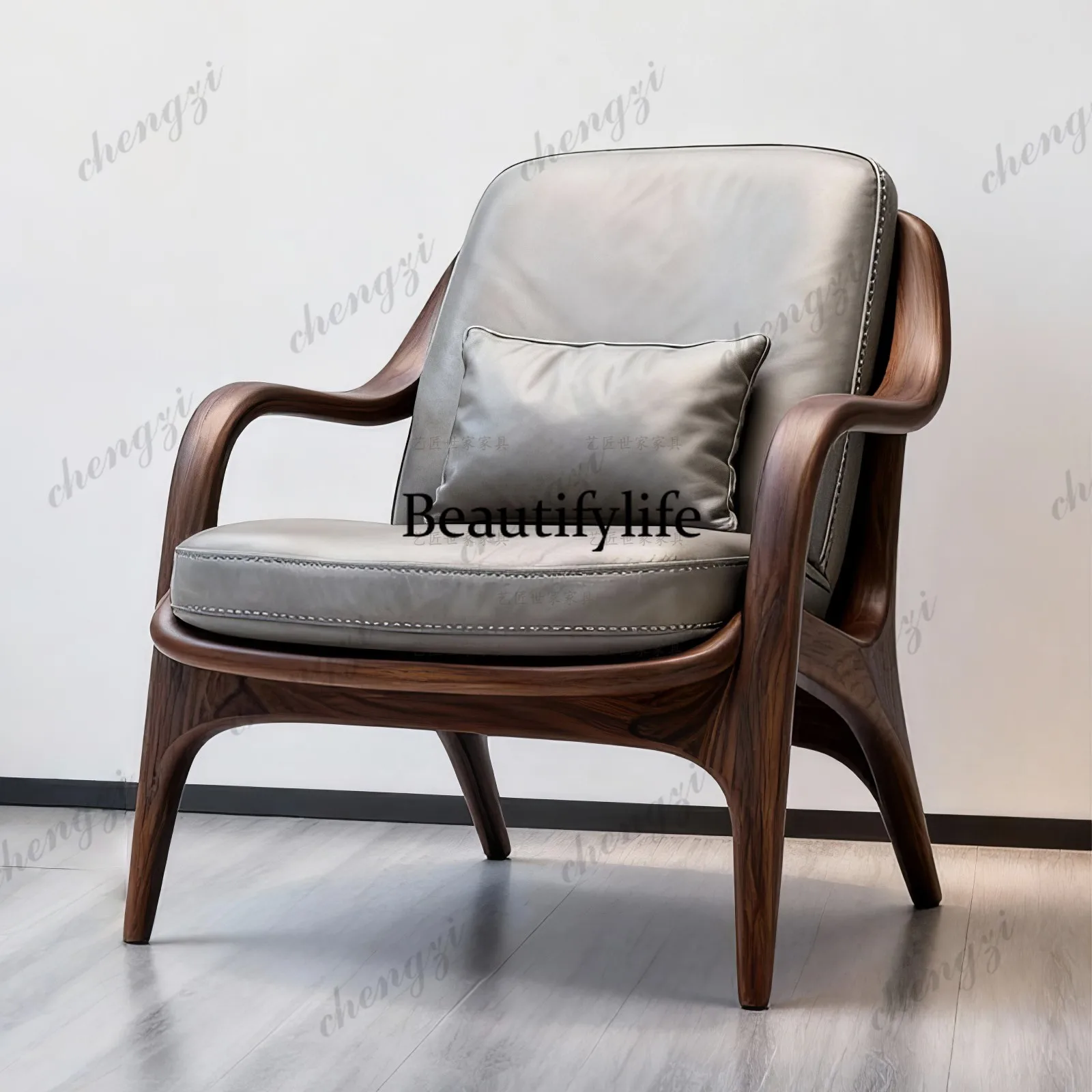 Italian North American black walnut single sofa solid wood leather leisure chair lazy living room recliner