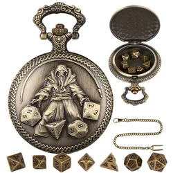 Bronze Dice Long Beard Master Magic Men Vintage Pocket Watch Case with 7pcs Antique Collection Dice and 38cm Waist Hook Chain