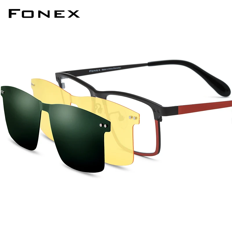 FONEX Titanium Glasses Frame Men Square Magnet Clip Eyeglasses with Night Vision & Polarized Lens F85776