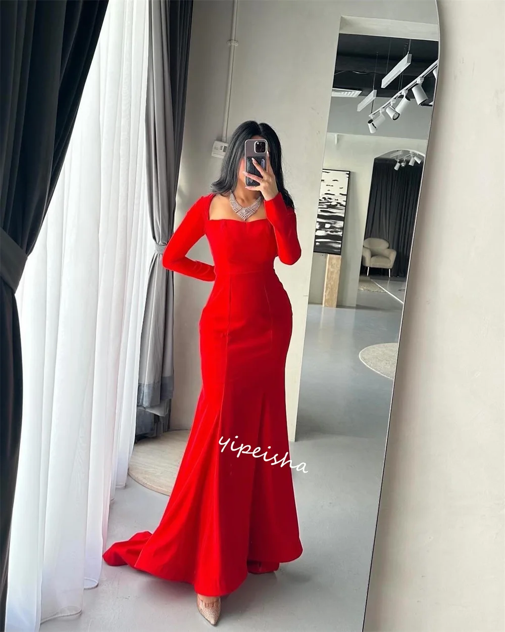     Jersey Ruched Cocktail Party Mermaid Square Neck Bespoke Occasion Gown Long es    Dresses 