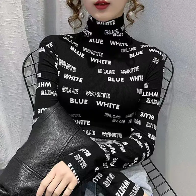 Turtleneck T-shirt Women Long-sleeved Top Slim Autumn Winter Base Layer Shirts Print Vintage Tshirt Grunge Clothes T-shirts
