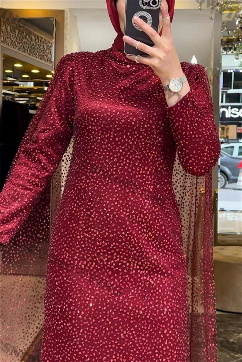 Sparkly Sequin Beaded Muslim Evening Dresses Islamic Women Long Sleeve Hijab Formal Party Gowns Arabic Dubai Robes De Soirée