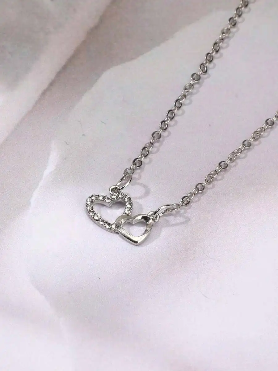 

Interlocking Heart Pendant Necklace With Rhinestones, Delicate Collarbone Chain For Women