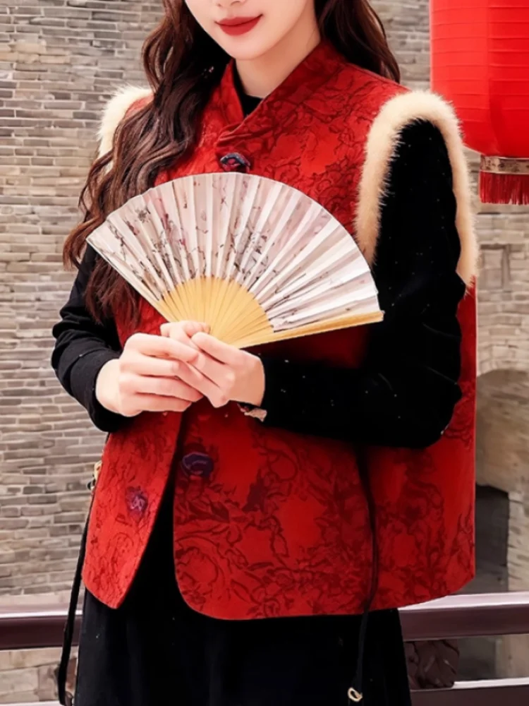 

Faionable ort Vest Women's Sle 2026 New Winter Season Sli National Trend Button Splice Thiened round Ne Vest