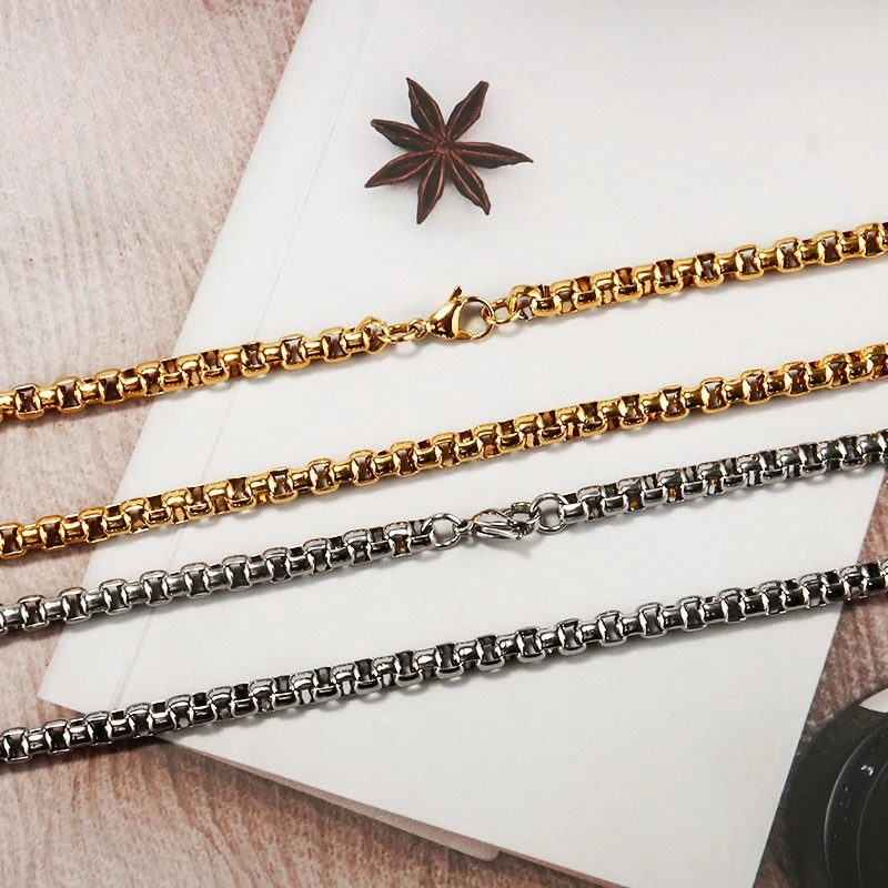 

Fashion New Box Chain Necklace For Men Women Punk Gold Color Stainless Steel Long Choker Necklace Male Hip Hop Jewelry Gift