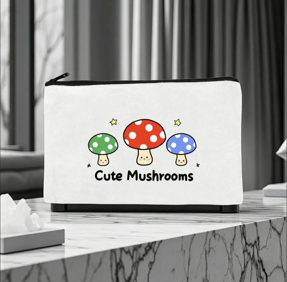 Cute Cartoon Colorful Mushroom Print Canvas Cosmetic Bag Portable Zipper Makeup Pouch Stationery Storage Coin Purse Gift view 2