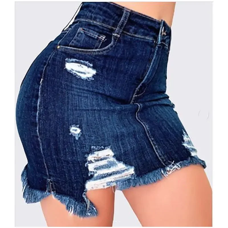 Plus Size Ripped Holes Bodycon Mini Denim Skirts 4XL 5XL Summer Sexy Ladies Tassel Short Pencil Skirts Wrap Jeans Skirt