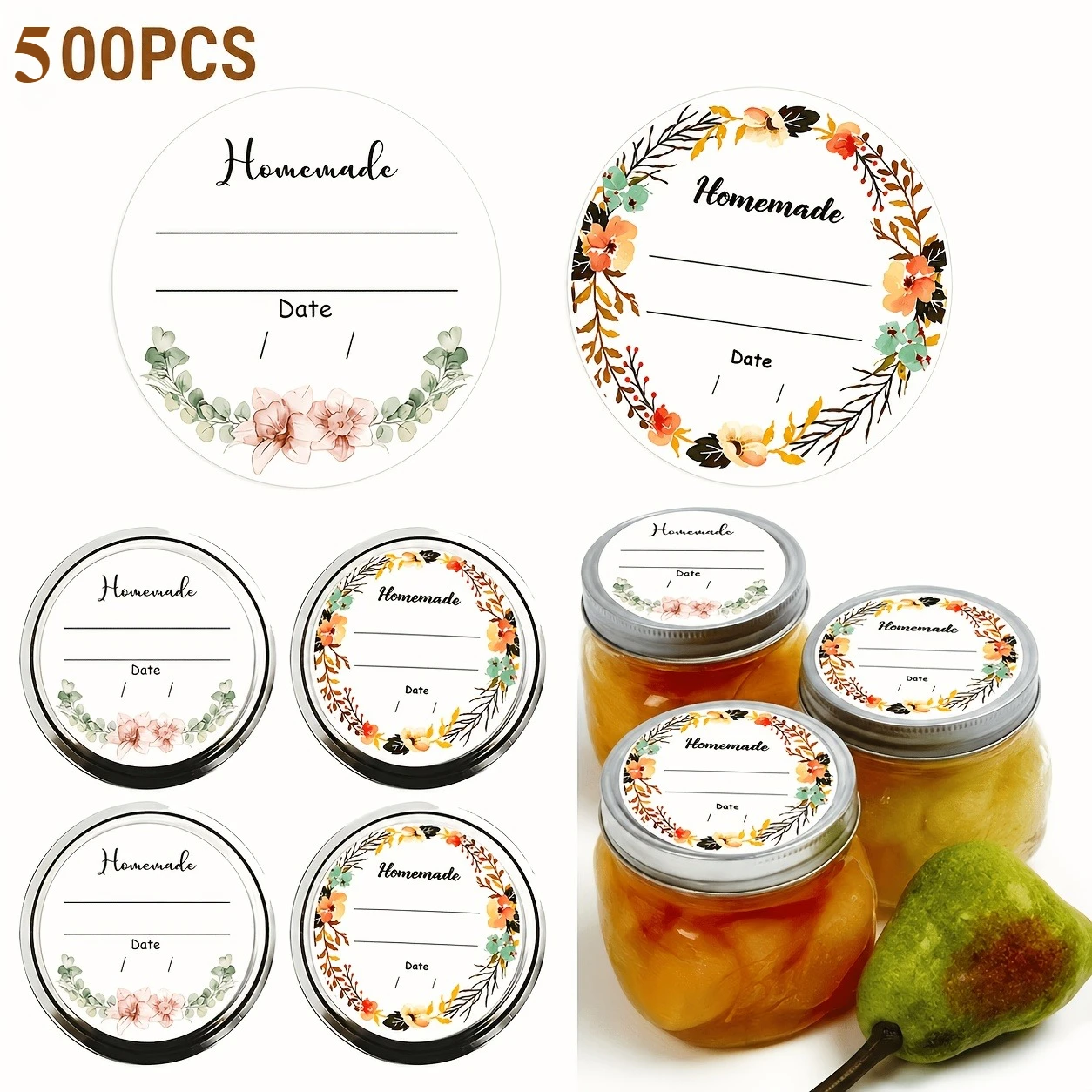 500pcs/roll [2-Inch] Large Size Label Stickers, Watercolor Floral Jar Labels, Watercolor Flower Bouquet Jar Labels,Writable Date