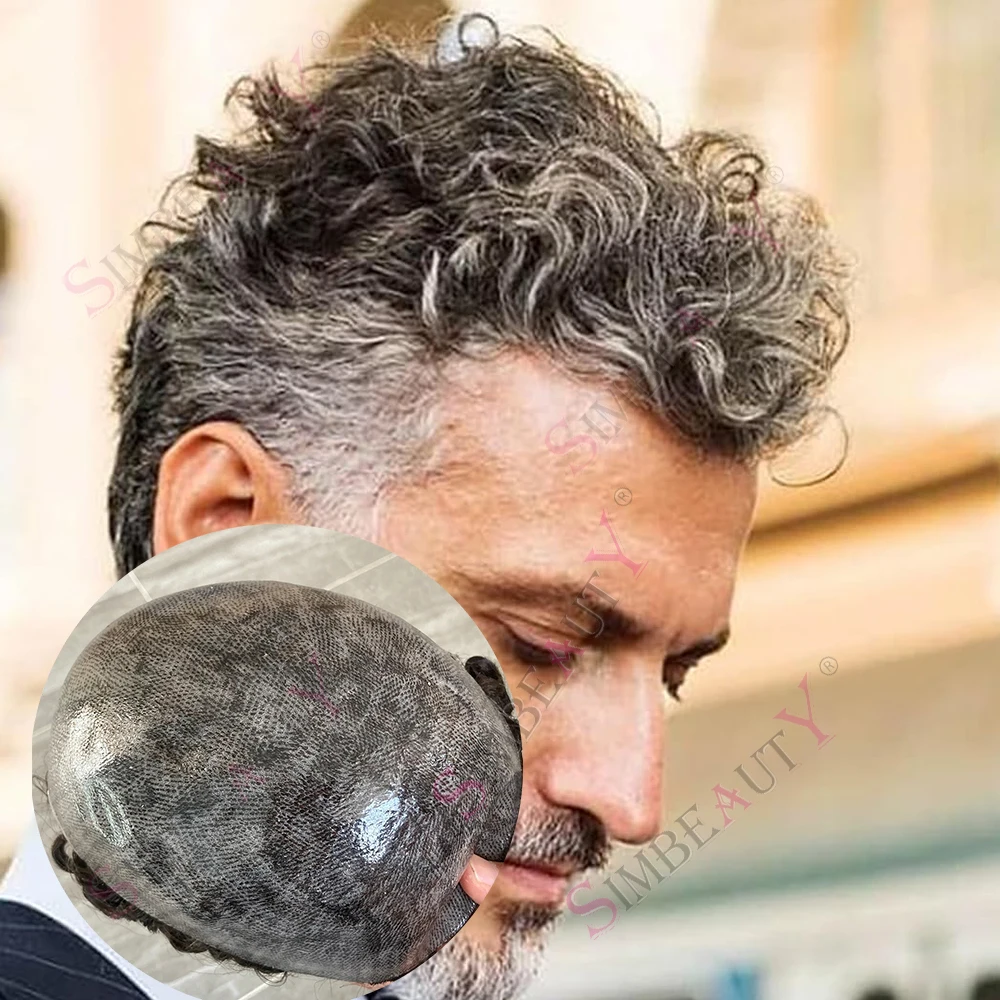 

20mm 25mm Curly Durable Full PU Thin Poly Skin Grey Men's Toupee 1B40 1B80 Black Brown 100% Human System Replacement Easy Wear