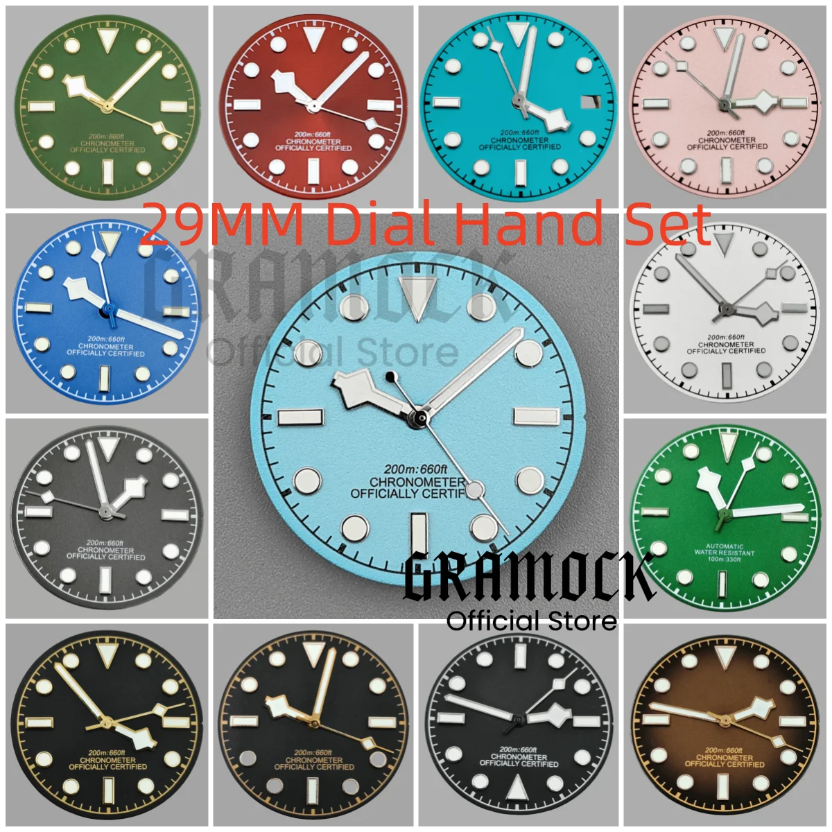 GRAMOCK Mod Watch Parts Luminous 29mm Sterile Watch Dial Hand Set Lake Blue Green Wine Red For NH34 NH35 ETA2824 PT5000 Movement