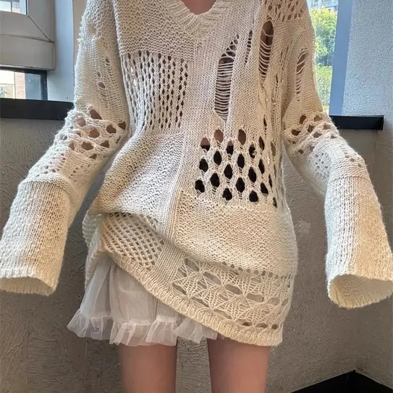 

Spring Cover Up Boho Chic Long Sleeve Sheer Knitwear Top 199A Fashion Hollow Out Sweater Women V-Neck Loose Knit Pullovers Tops