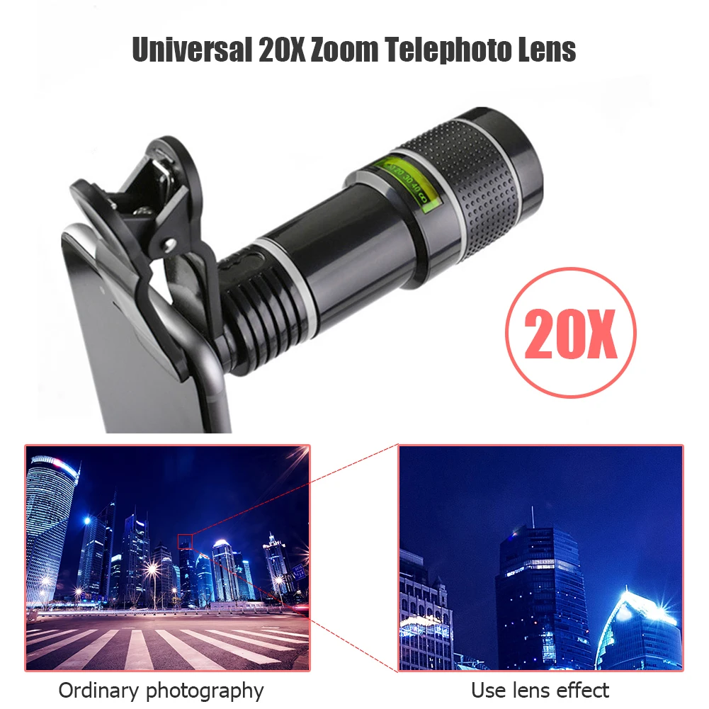 Longo Foco Lente Do Telefone Móvel, HD Zoom Monocular, Telefone Len Câmera, Clipe Externo, Lente Telescópio para iPhone, Android, 20X, 8X, 12X