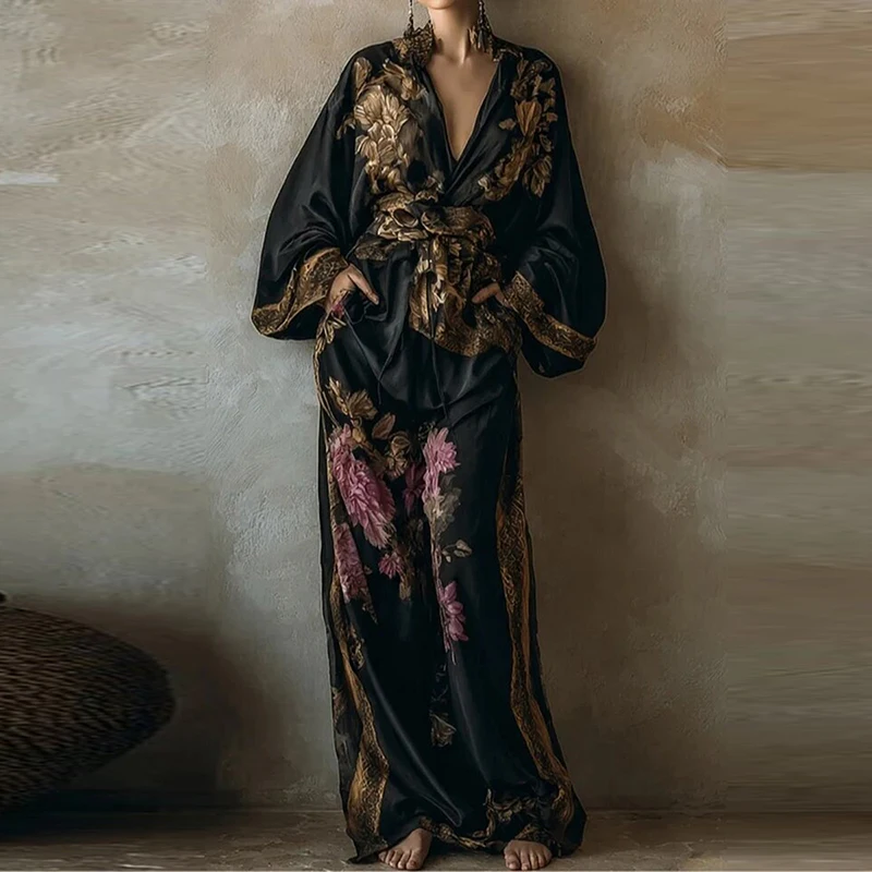 

Bohemian Loose Holiday Suit Vintage Pattern Printed Women 2 Piece Set Spring V-neck Long Sleeved Top with Wide Leg Pants Outfit