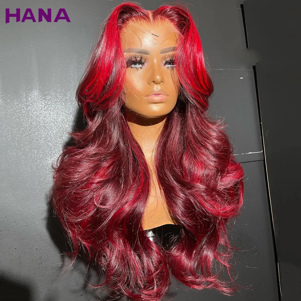 

Burgundy With Red Colored Body Wave Lace Frontal Wigs 100% Human Hair Wigs For Black Women Transparent Lace 5x5 Lace Closure Wig