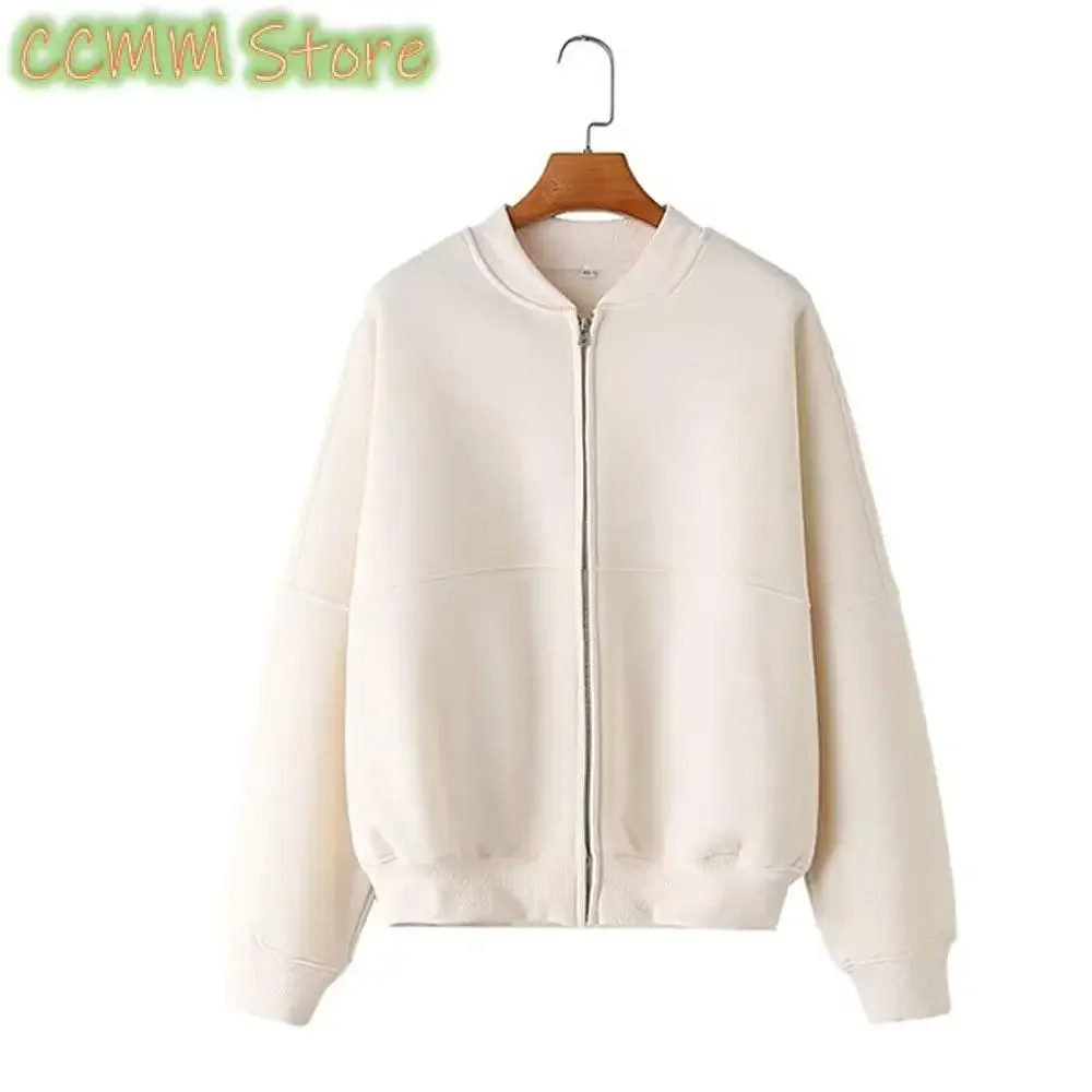 Women's 2-piece Retro Solid Color Zipper Bomber Jacket Sweatshirt + High-waisted Lace-up Women's Loose Velvet Pants Suit