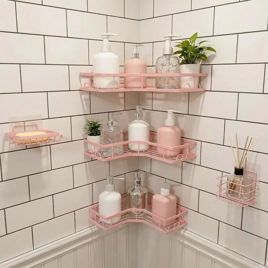 Juego de 5 organizadores de ducha minimalistas de color rosa, estante de pared adhesivo sin taladro para esquina de baño, estante de almacenamiento hueco de metal resistente al óxido e impermeable con soporte para jabón, ecológico, nuevos artículos esenciales para el hogar