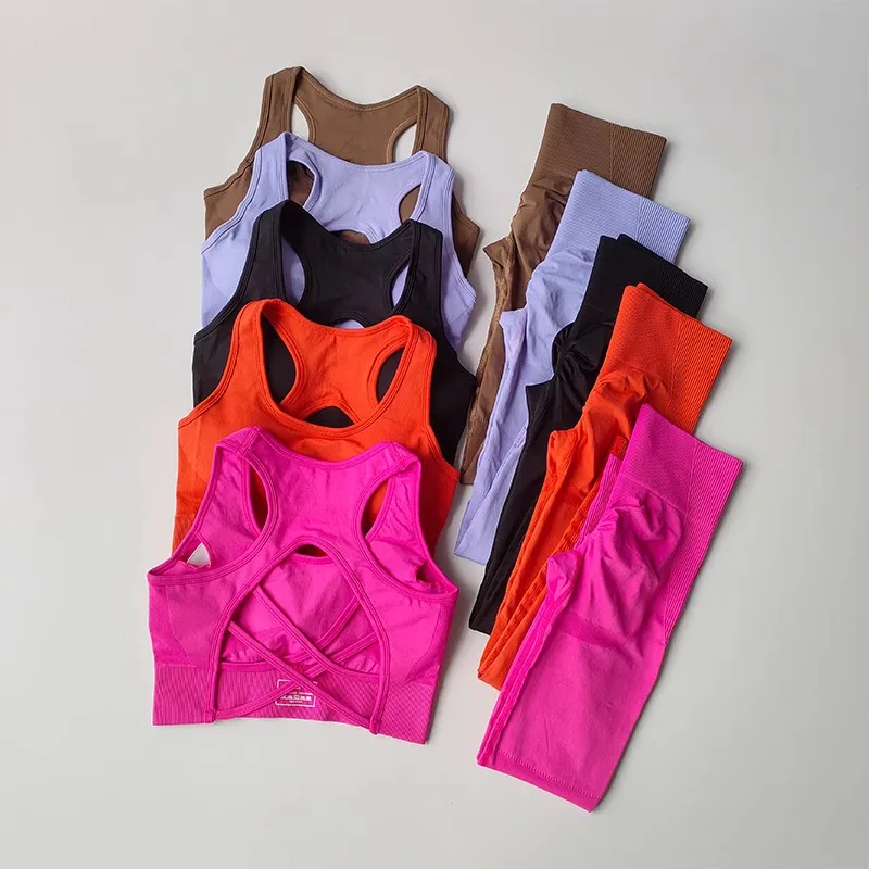 Chándal de Fitness para mujer, conjuntos de Yoga, ropa deportiva de entrenamiento, sujetador deportivo + Leggings de cintura alta, ropa de gimnasio,