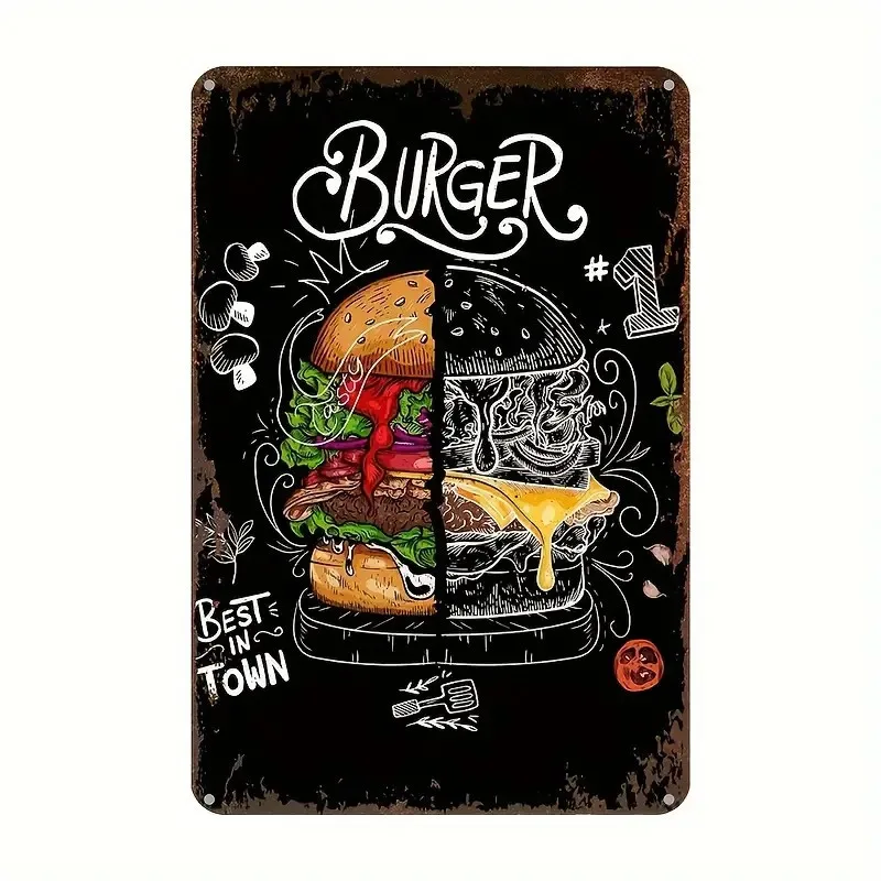 Retro Burger Metal Tin Sign - Vintage-Inspired Cheeseburger Wall Art Durable Plaque for Kitchen, Diner, Shop G