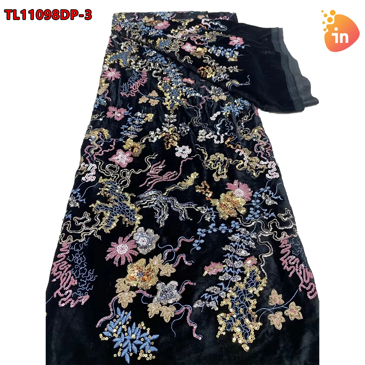 Black Luxury Mesh Sequin 3D Floral Embroidery Lace Fabric Couture French Embroidered Tulle Beading Lace Fabric  TL11098DP