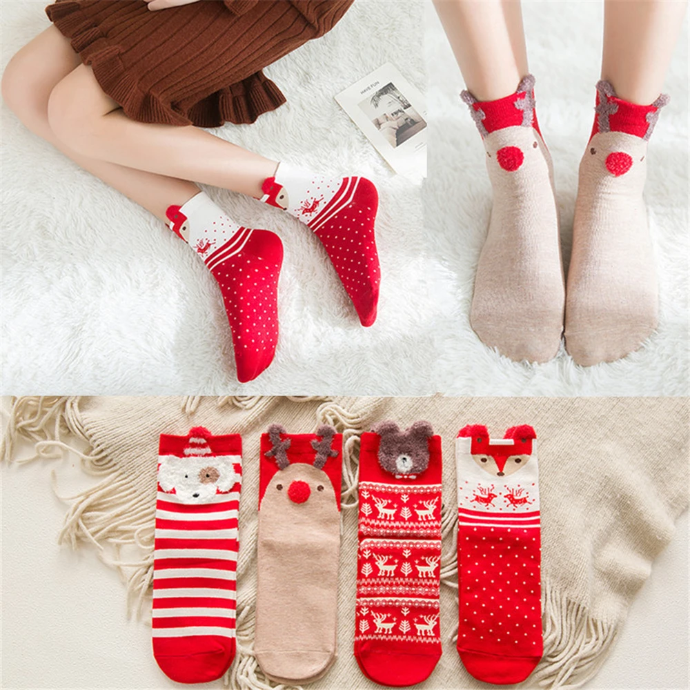 3 Paare/los frauen Casual Winter Weihnachten Socken Deer Fuchs Bär Hund Elch Baumwolle Cartoon Warme Weiche Sokken Weihnachten Geschenk dropship – Detail 3