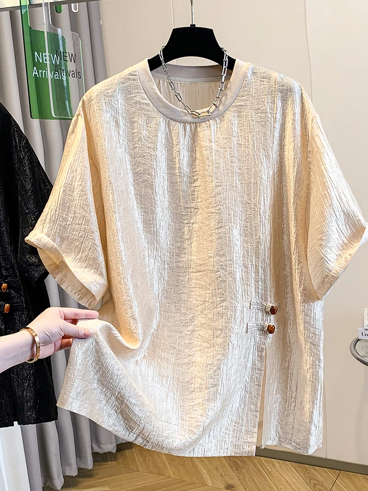 

New Chinese Style Loose Short Sleeve Shirt Women's Summer Gauze Loose Lightweight Uneven Button up Top Casual round Neck