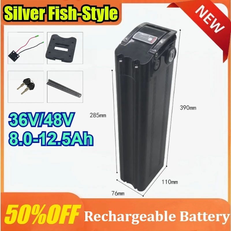 Silberner Lithium-Akku im Fischstil, 36 V/48 V, Ausgang mit unterem Entladung, 8 Ah/10 Ah/12,5 Ah, Akku für Elektrofahrzeuge