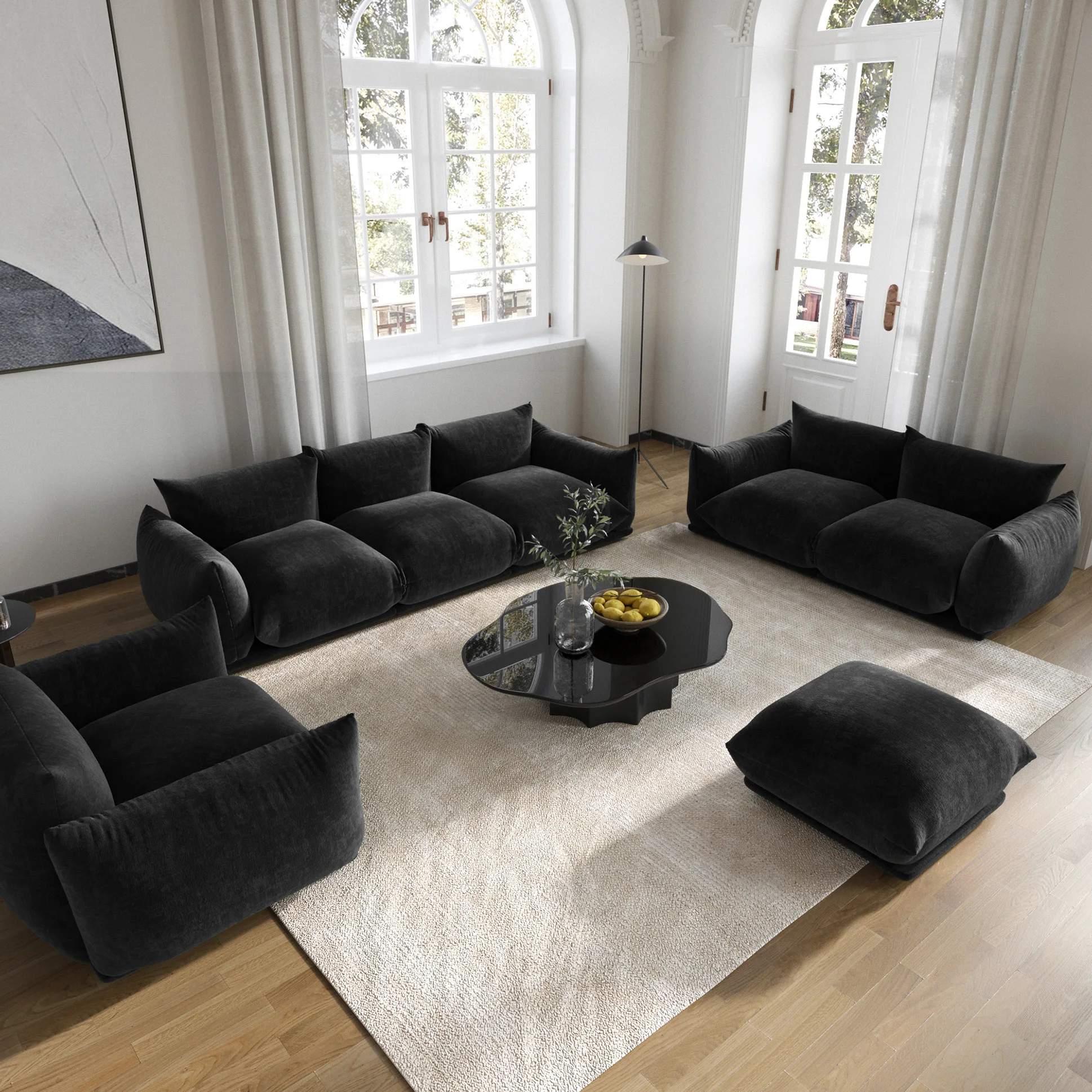 

ATUNUS Drop Shipping Designer Modern Black Velvet Fabric Living Room Family Sofa 1 2 3 4 7 Seater Couch Floor Sofa Set