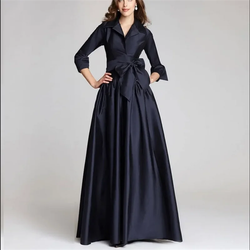 

Длинные темно-синие вечерние платья с бантом/карманами А-силуэта из атласа с v-образным вырезом длиной до пола, свадебные платья для гостей для женщин по индивидуальному заказу