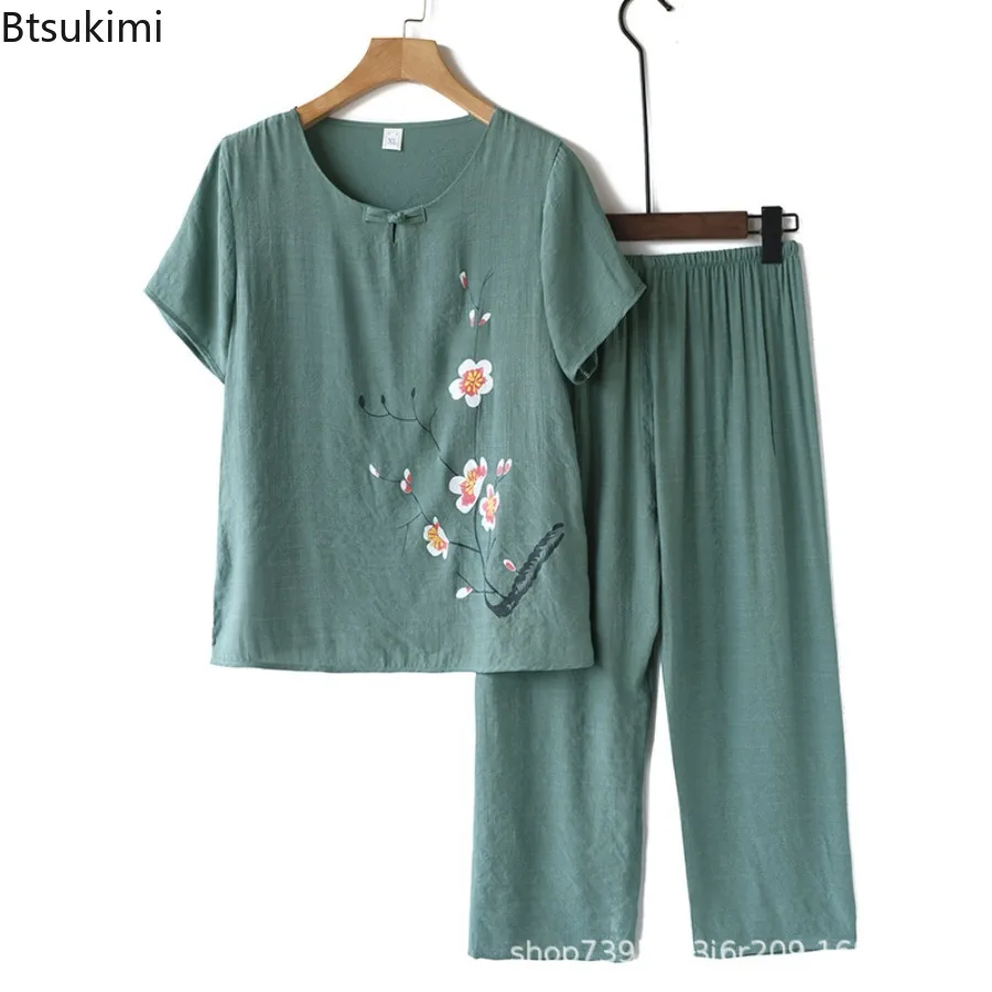 2025 delle nuove donne di mezza età estate manica corta due pezzi set pigiama da donna estivo top + pantaloni set da due pezzi pigiama homewear