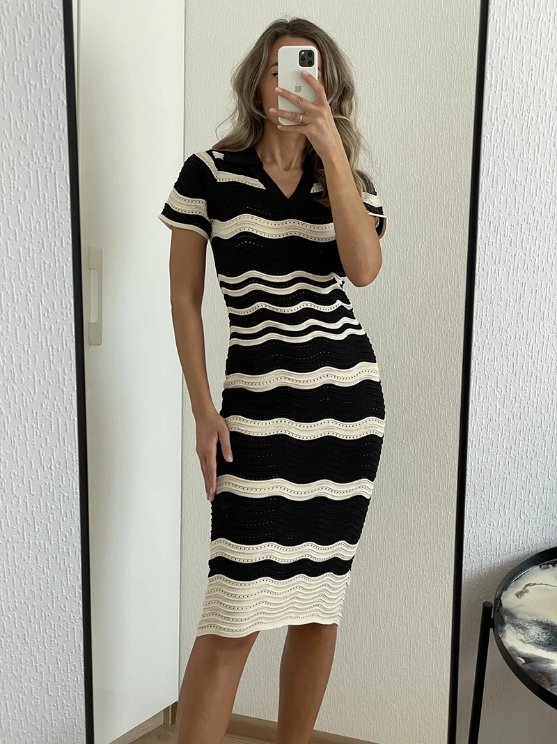 Elegant Short Sleeve Striped Summer Knitted Dress Women Bodycon Maxi Beach Dress Korean Sexy Long Knitted Dresses For Women 2024