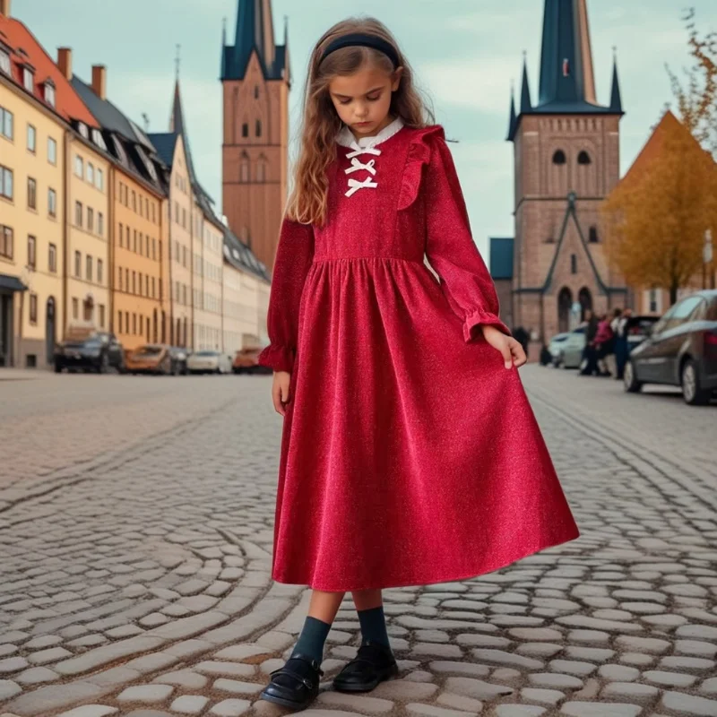 

Teens Girls Christmas Dress Autumn Winter Corduroy Vintage Princess Dresses for Kids Elegant Red Party New Year Children Clothes