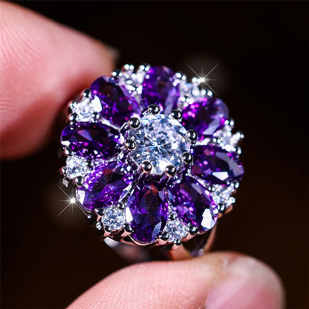 Luxury Female Crystal Purple Zircon Stone Sun Flower Engagement Ring Vintage Silver Color Wedding Jewelry For Women