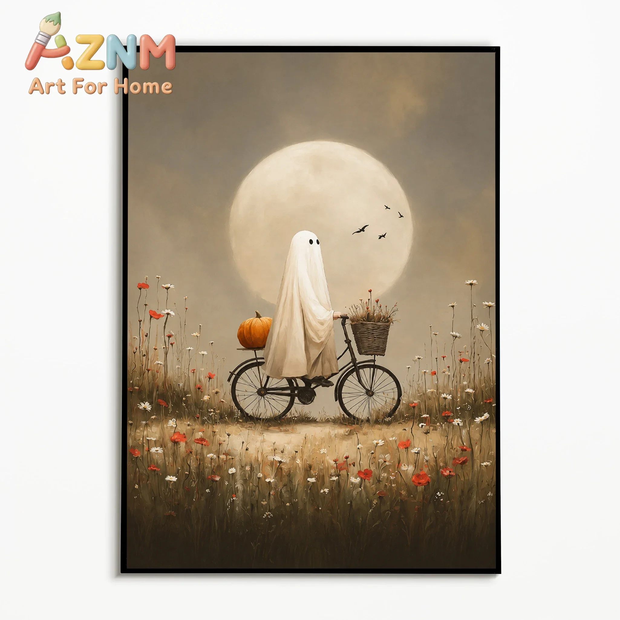 1PC Vintage Ghost Halloween Poster Autumn Night Scenery Horror Wall Art Minimalist Pumpkin Canvas Printing Festival Fall Gift