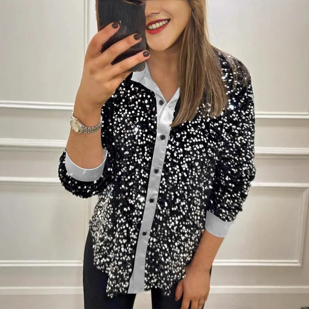 

Elegant Women's New Long Sleeve Shirt Autumn Winter Fashionable Loose Casual Sequined Shirts Top Femme