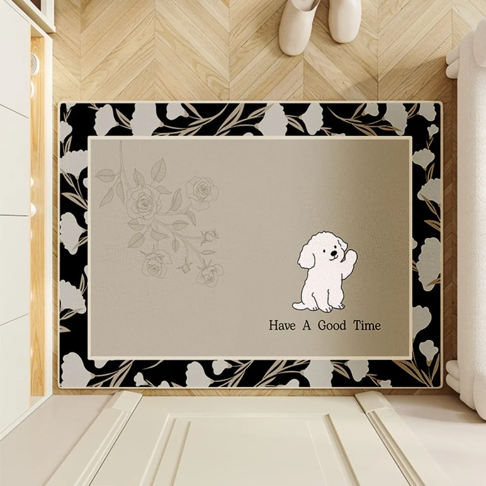 Cartoon Dog Pattern Carpet Black White Welcome Home Mat Rug with Bone Motif Wood Grain Border for Entryway Home Decoration