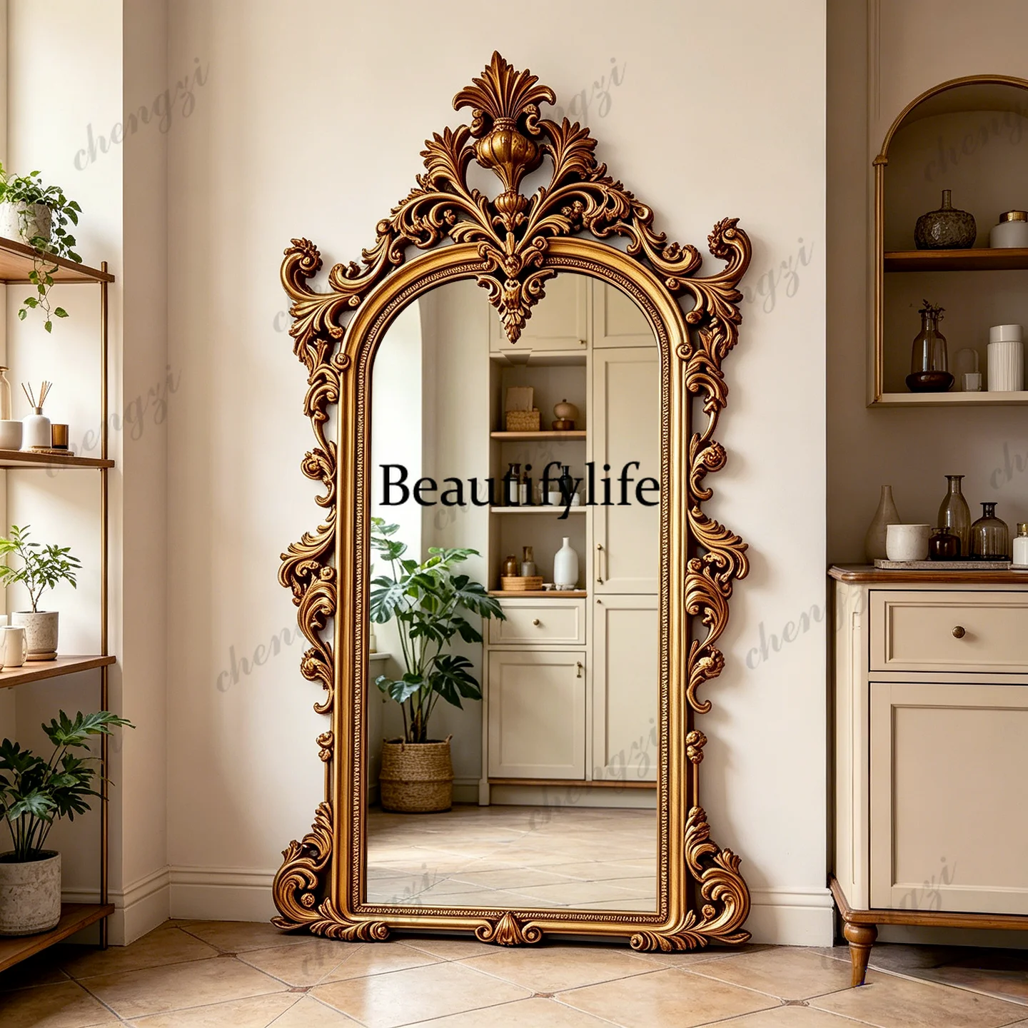 Customized French villa luxury carved full-body mirror American floor-to-ceiling mirror home dressing fitting mirror