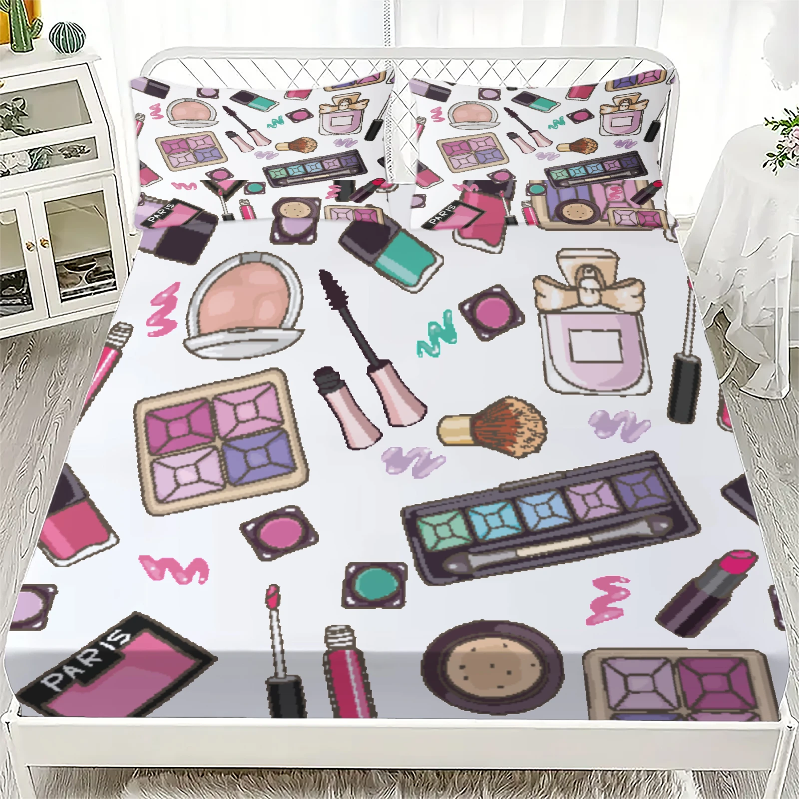 3pcs Flat Sheet Set Polyester For Girls Room Decor Makeup Palette Lipstick Brush Perfume Printed Fitted Sheet With Pillowcases