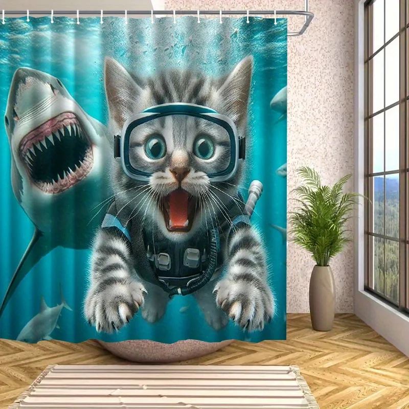 Funny Cat Scuba Diving Shower Curtain, Shark Attack Print, Underwater Animal Theme, Novelty Bathroom Decor, Waterproof Polyester