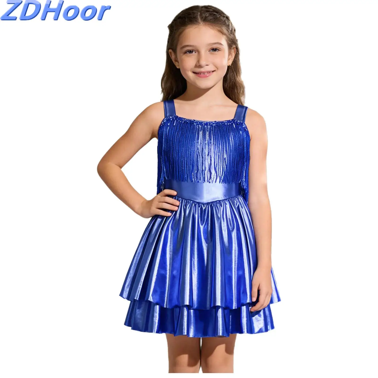 

Kids Girls Metallic Shiny Dance Dress Sequin Tassel Tiered A-line Hem Sleeveless Tank Dress for Ballroom Birthday Pageant