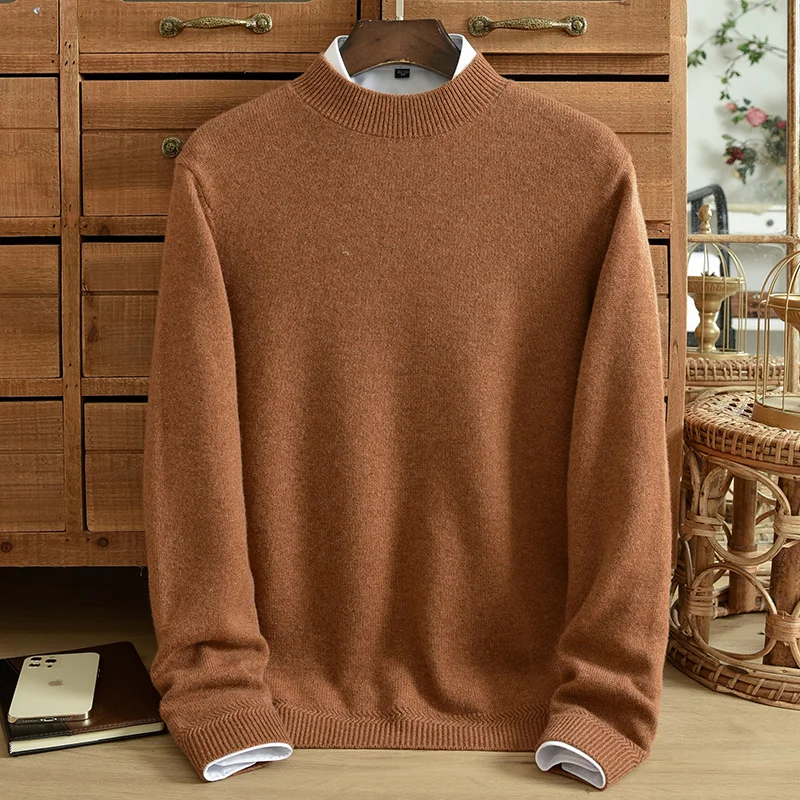 

ZNTX 2024 winter new pure cashmere sweater men's thick warm solid color casual knit sweater loose size half high neck simple