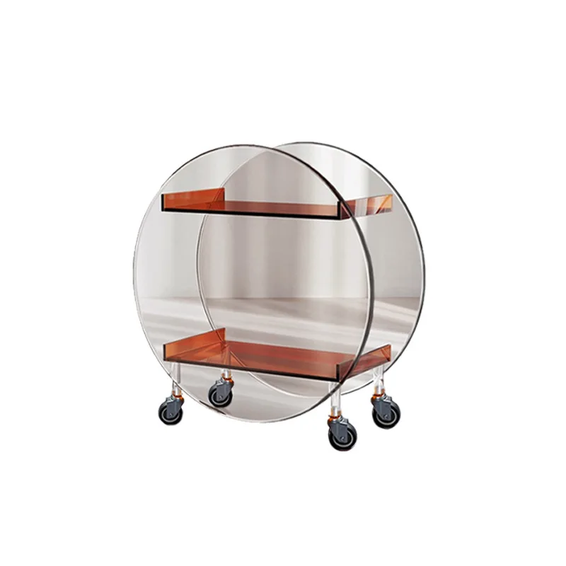 Acrylic living room round coffee table rack trolley, Nordic style light luxury movable side rack, push-pull dining cart