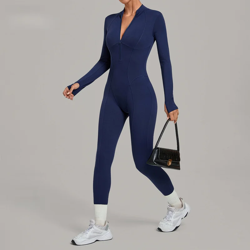 Autumn Winter Yoga Jumpsuit Half Zipper Long Sleeve Sport Bodysuit High Waist Tight One‑Piece Workout Gym Fitness Jumpsuits