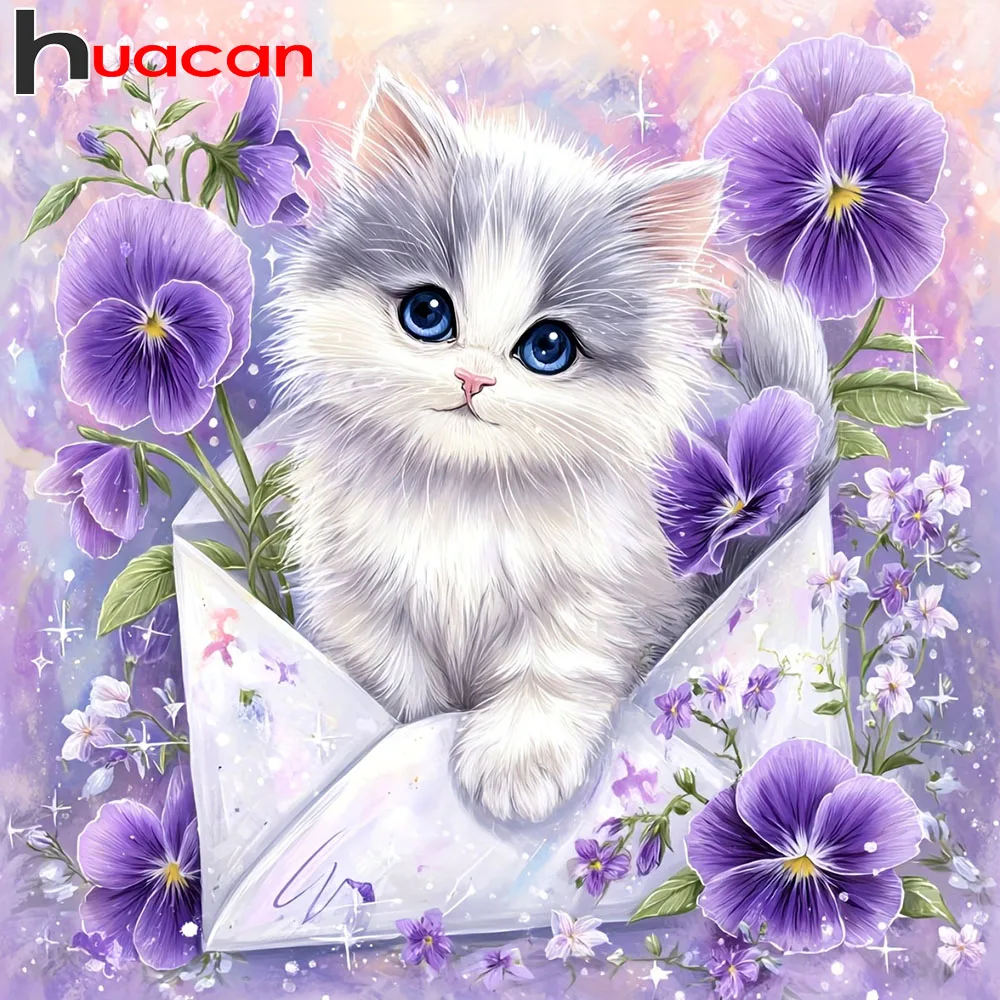Huacan 5D DIY Diamantmalerei Umschlag-Katze Diamant-Stickerei Tier- und Blumen-Motiv Komplettes Set Dekorative Gemälde
