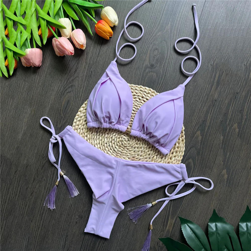 

Triangle String Halter Bikinis Sets Purple Ruched Solid Swimwears Tassels Lace-up Sexy Swimsuit Woman 2025 Bathing Suit Bikini
