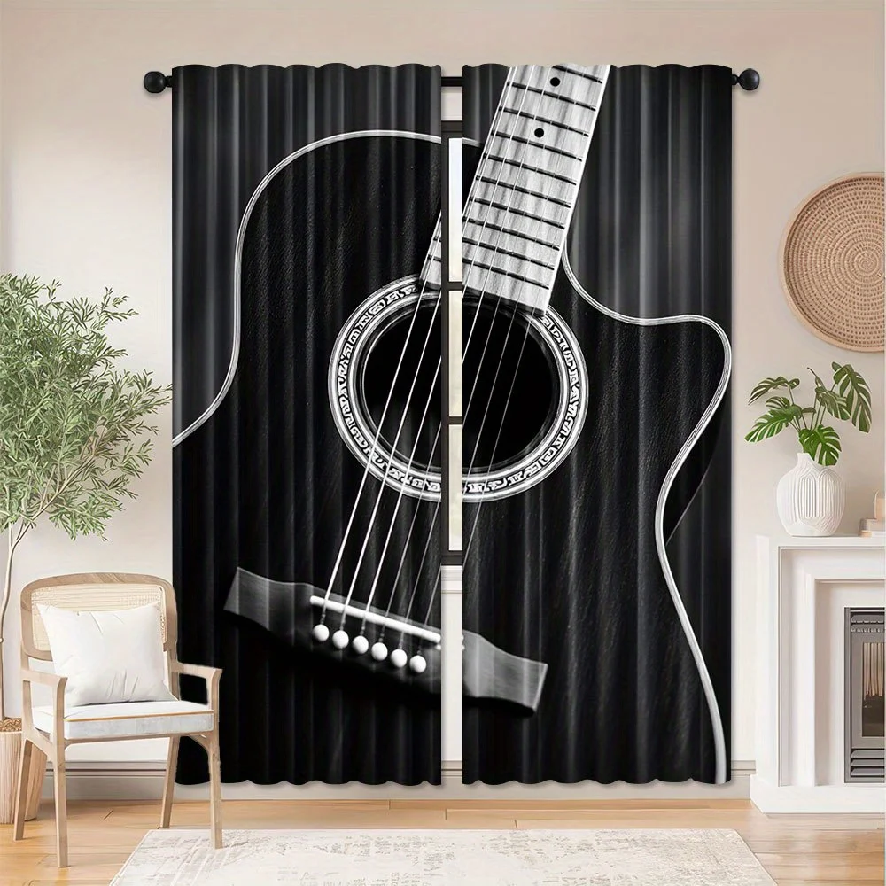 

Акустические гитарные шторы из полиэстера, затемняющие занавески для музыкальной комнаты, спальни, гостиной, черно-белые, с узором в виде музыкальных инструментов