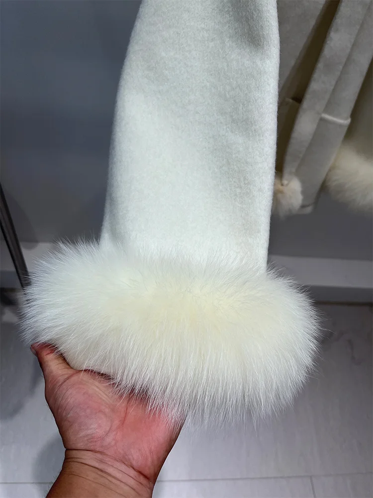2025 Winter Warm Natuurlijk Echt Bont Vossenbont Manchetten Jas Kasjmier Warme Wollen Wollen Vrouwen Jas Uitloper Vrouwelijke Jas