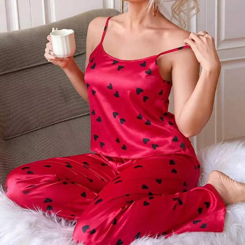 Women Sexy Pajamas Set 2 Pcs Strap Top &pants Homewear Suit Love Print Comfy Loungewear Sleepwear Thin Breathable Nightwear