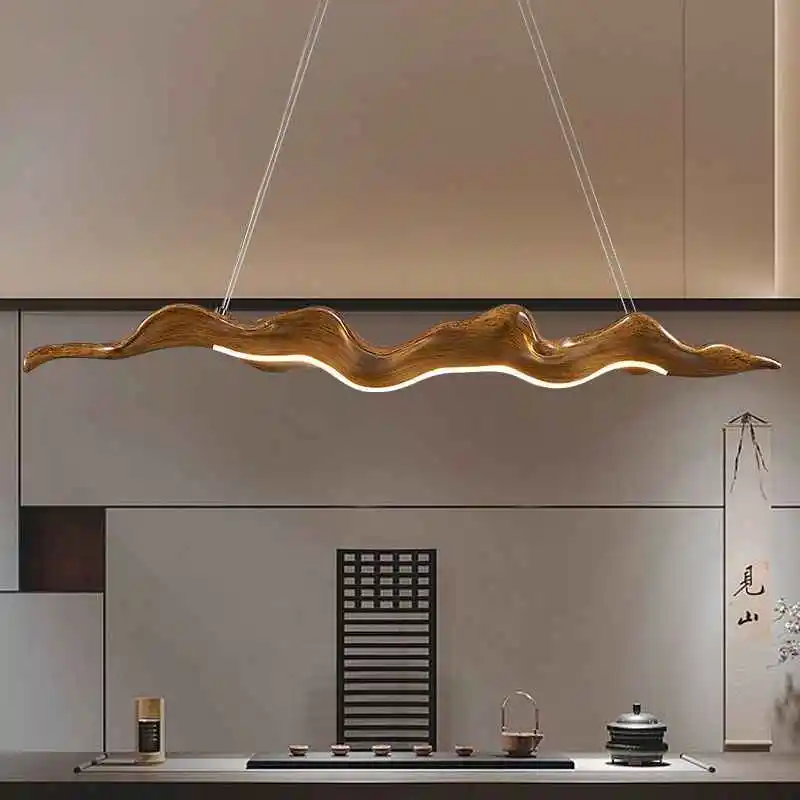 Modern LED chandelier wood design wave long kitchen island hanging lamps for living dining room decor indoor lighting fixture